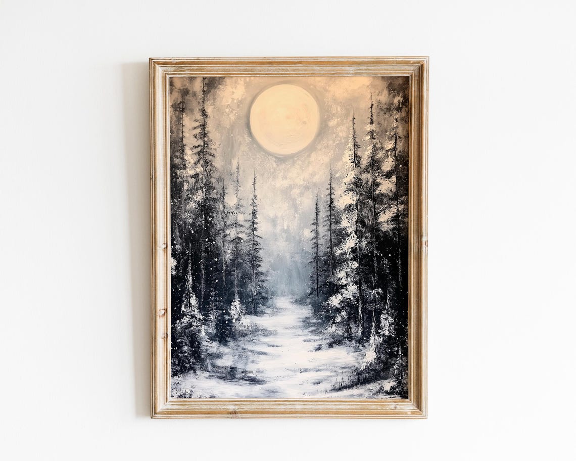Moonlit Snowy Pine Forest Winter Night Oil Painting Wall Art