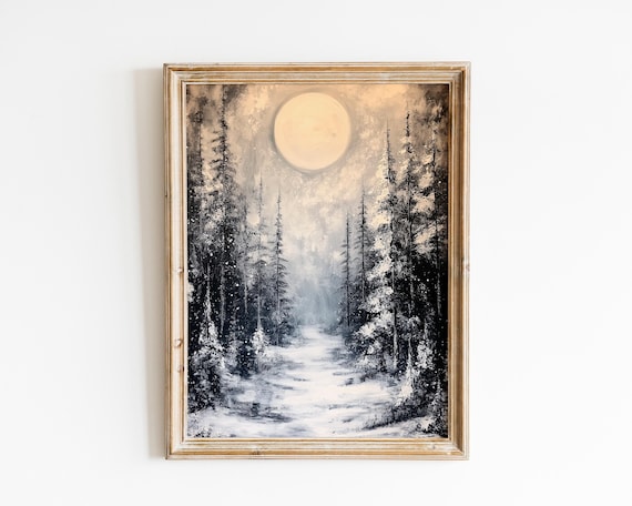 Moonlit Snowy Pine Forest Winter Night Oil Painting Wall Art