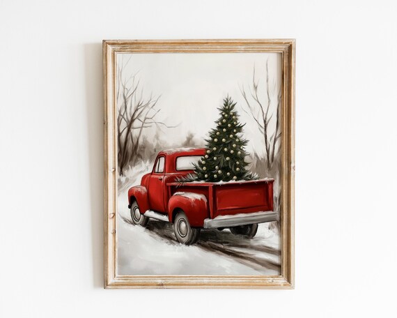 Vintage Red Pickup Truck Hauling Christmas Tree In Snow Poster