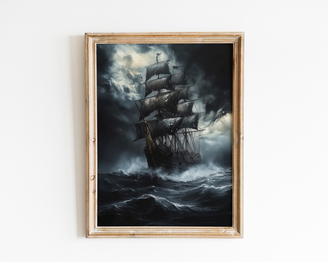 Stormy Sea Ship Art Print, Dark Academia Decor