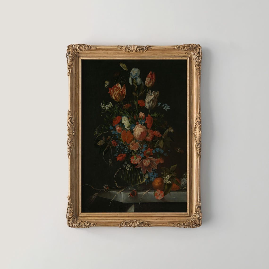 Tulips Iris and Poppies in Glass Vase Dark Still Life Poster