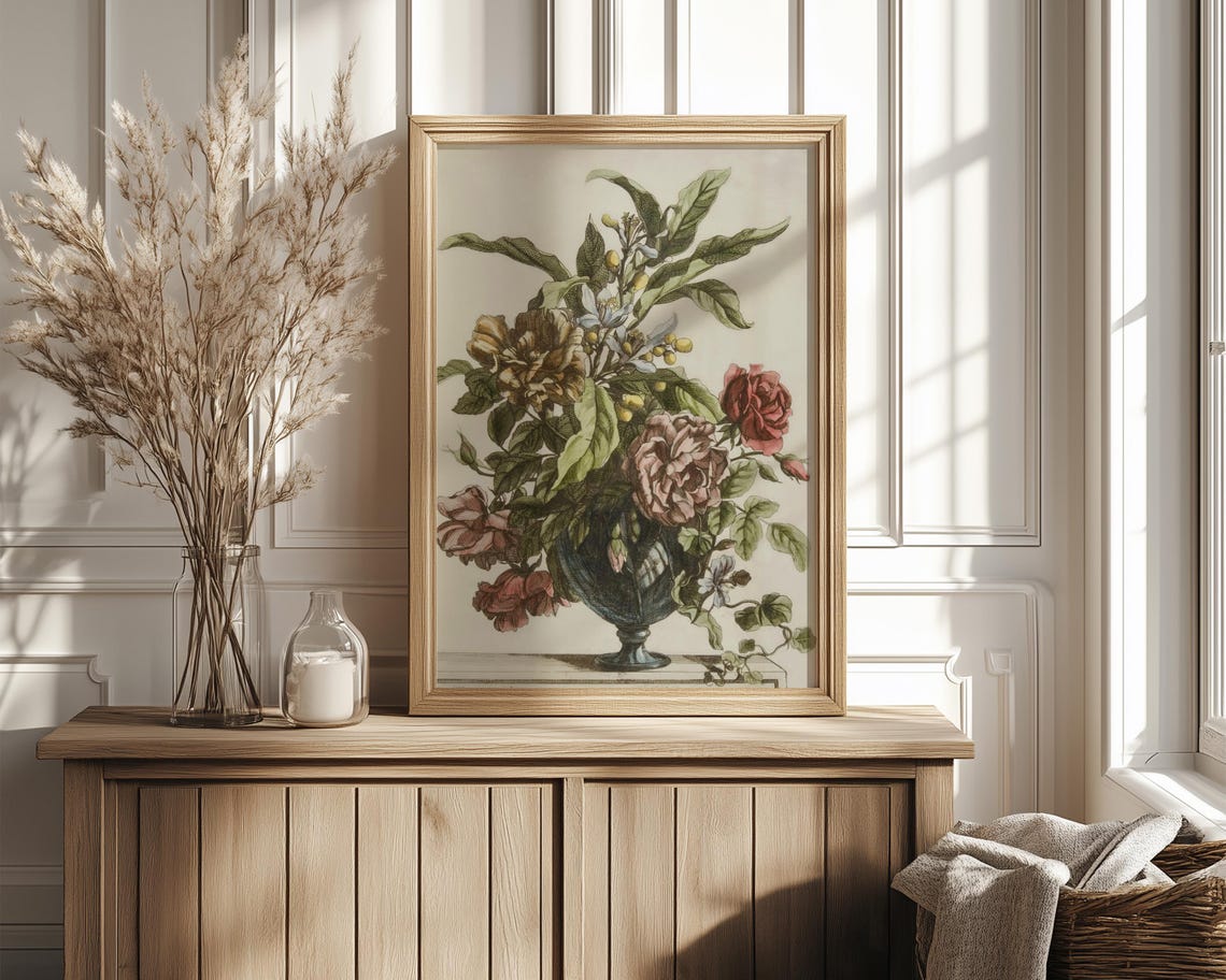 Classical Hand Colored Floral Engraving Roses Urn Vase Antique Poster - Image 4