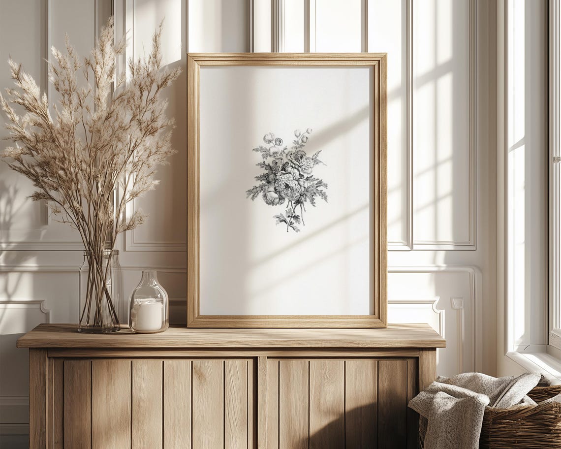 Vintage Monochrome Botanical Ink Sketch Mixed Flower Bouquet Poster - Image 4