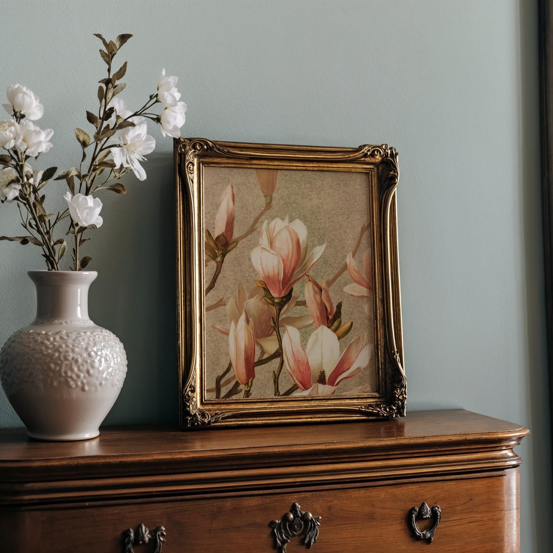 Vintage Magnolia Branch Blush White Blossoms Taupe Ground Poster - Image 2