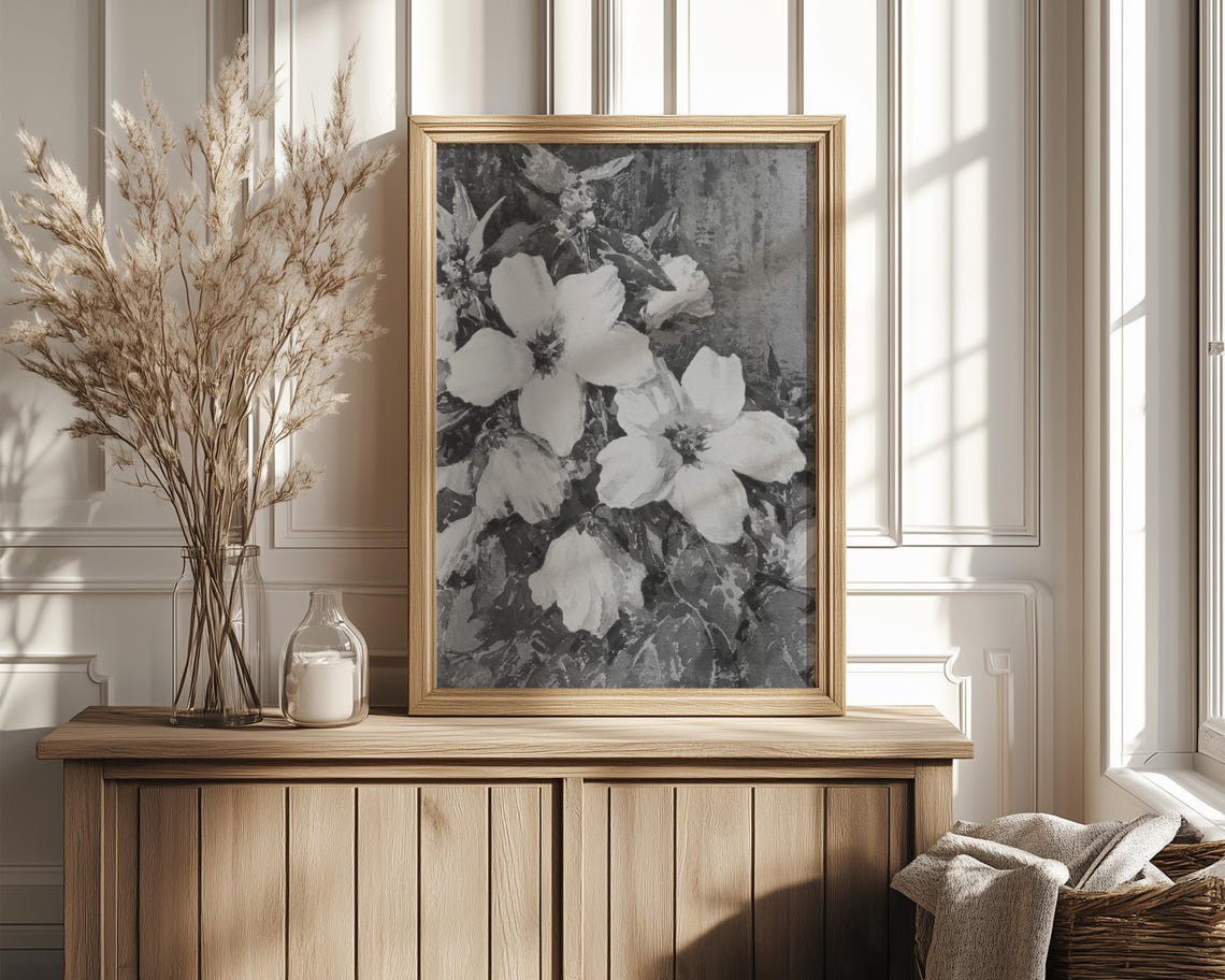 White Poppy Blooms Monochrome Vintage Floral Painting Poster - Image 4