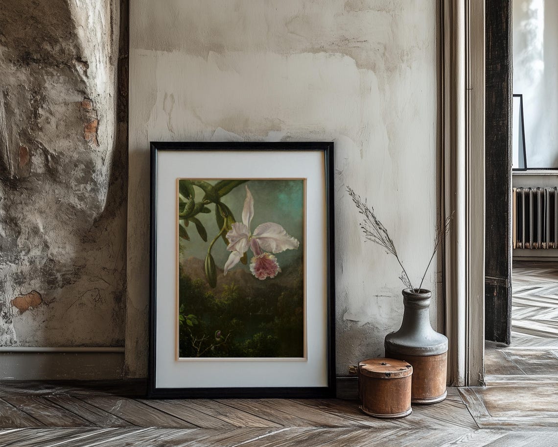 White Orchid Over A Dark Tropical Valley Oil Painting Style Print - Image 3