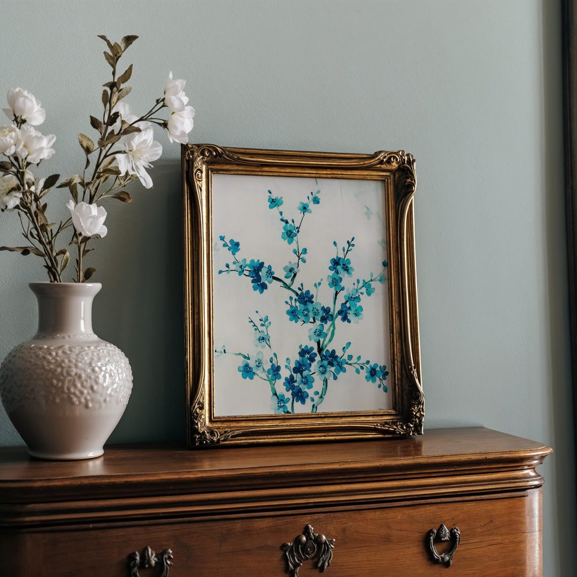 Blue Cherry Blossom Branches Watercolor Floral Wall Decor Print - Image 2