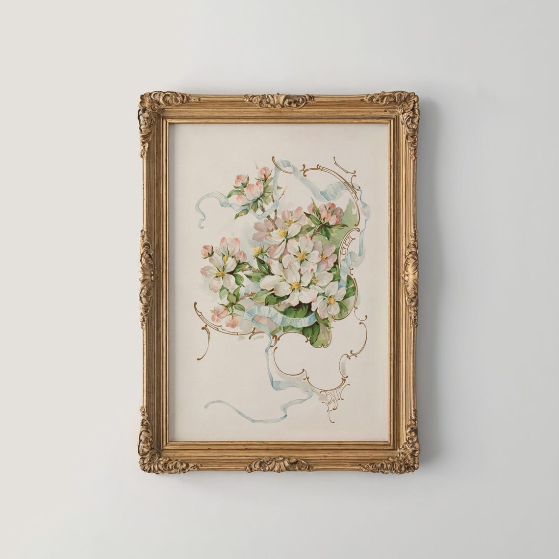 White Cherry Blossoms with Pale Blue Ribbon Botanical Art Poster