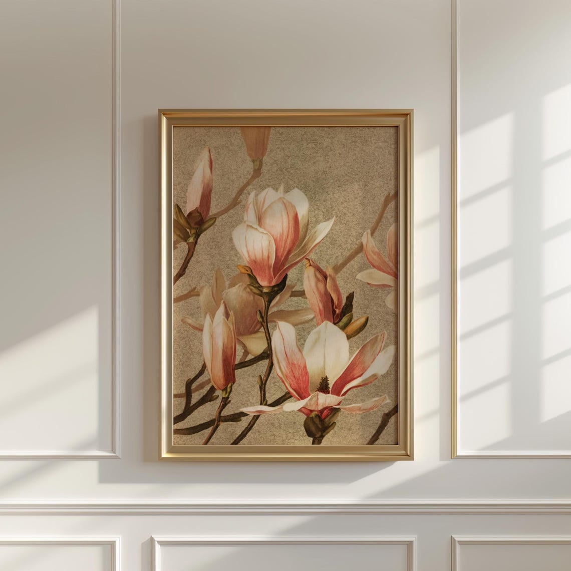 Vintage Magnolia Branch Blush White Blossoms Taupe Ground Poster - Image 5