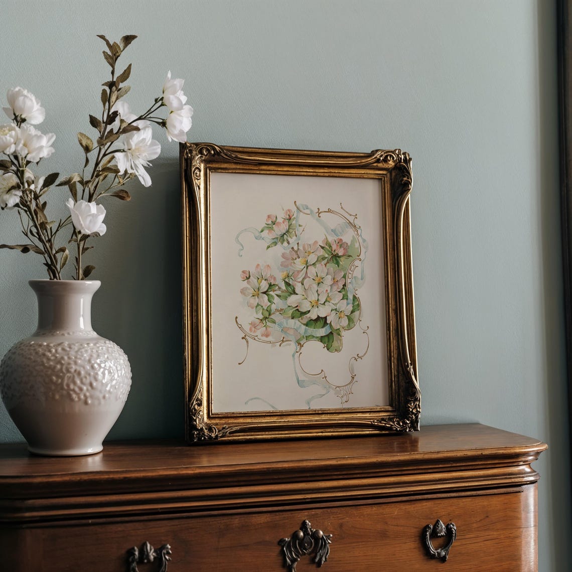 White Cherry Blossoms with Pale Blue Ribbon Botanical Art Poster - Image 2