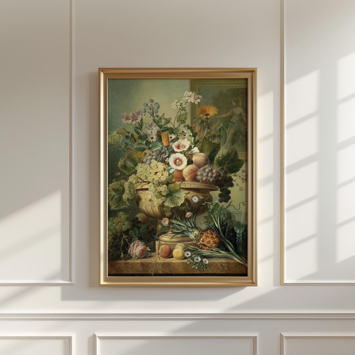 Fruit and Flower Still Life in Golden Urn with Grapes Vintage Poster - Image 5