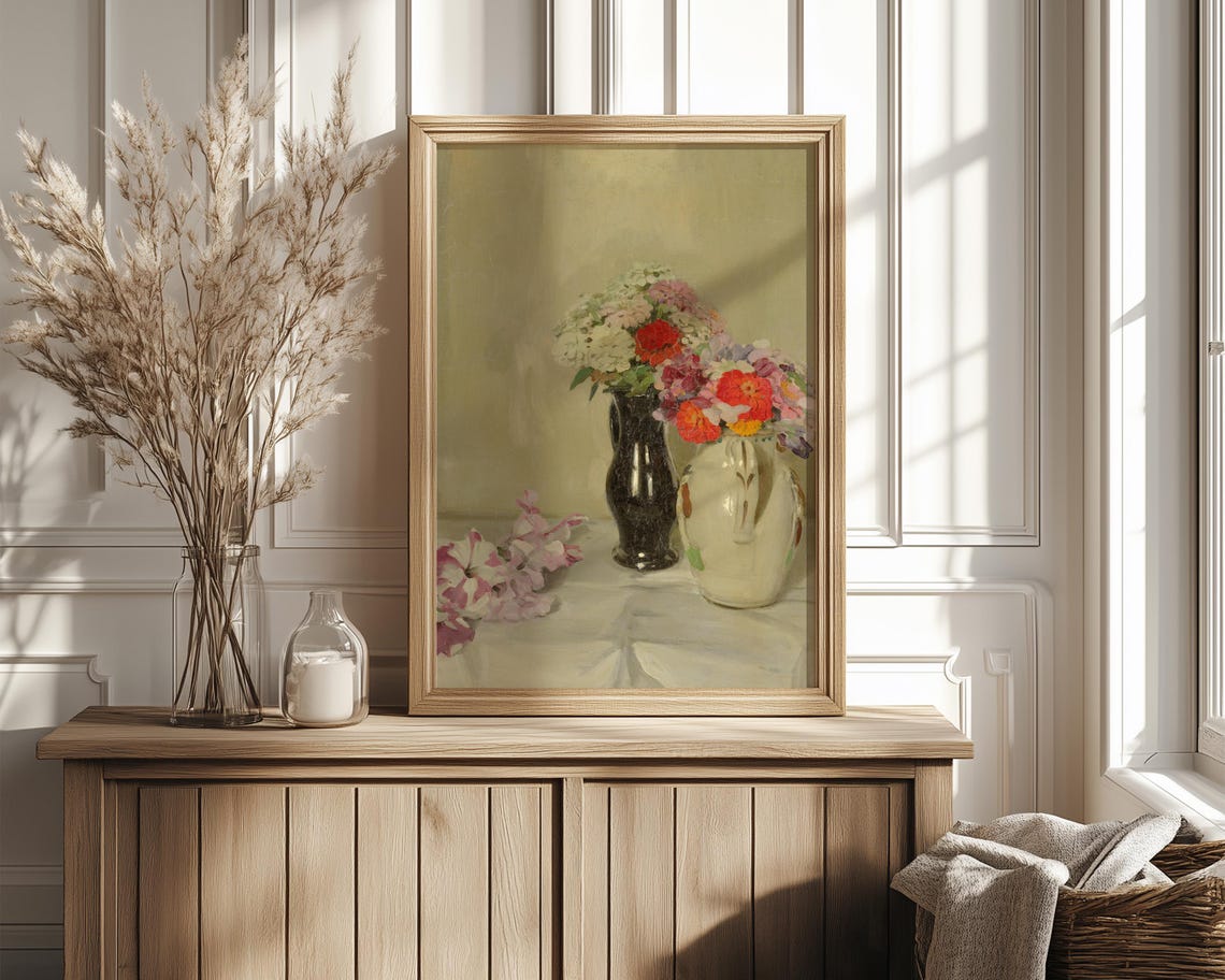 Tabletop Flower Still Life with Ceramic Jug Black Vase Poster - Image 4