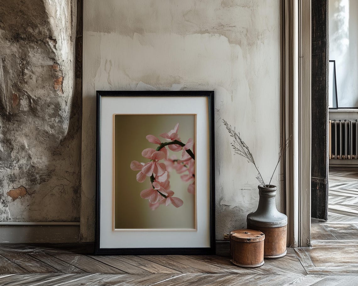 Pink Cherry Blossom Branch Moody Floral Photography Wall Print - Image 3