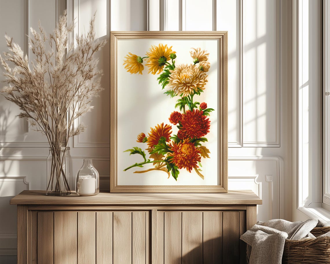 Golden and Crimson Chrysanthemum Stems Vintage Botanical Poster - Image 4