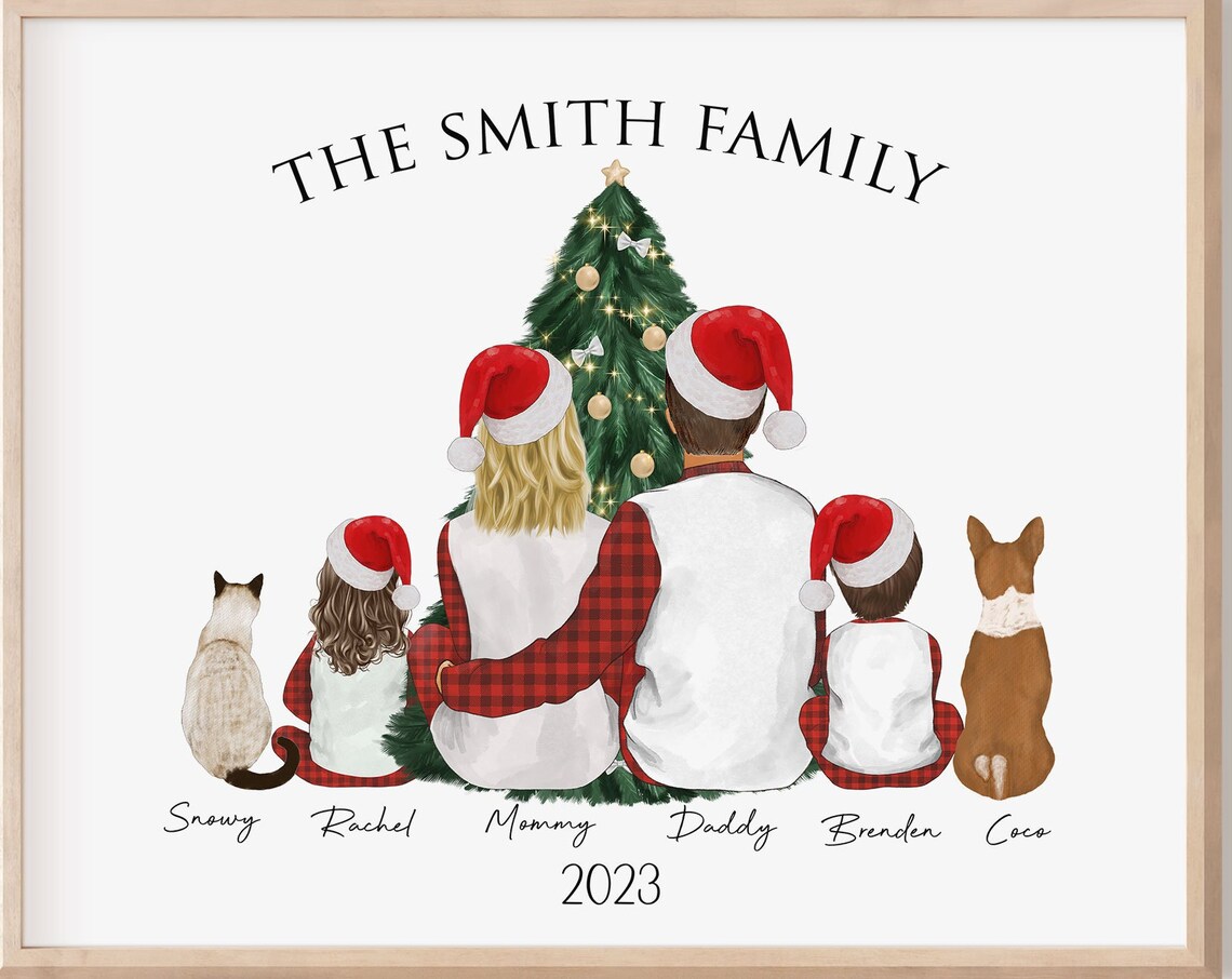 The Smith Family Christmas 2023 Portrait Poster with Cat and Dog