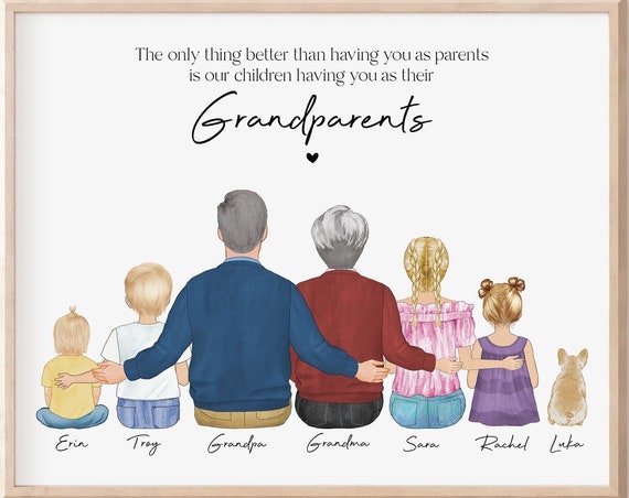 Mothers Day Gift For Grandparents Custom Family Portrait Illustration Grandma Grandpa Gift From Grandkid Personalized Wall Art Decor