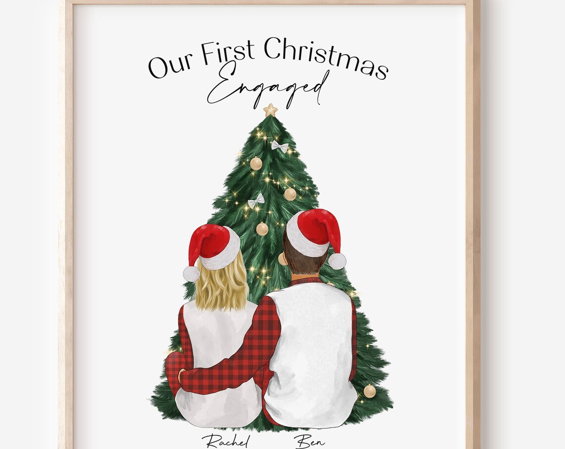 Personalized Our First Christmas Engaged Couple Portrait Poster