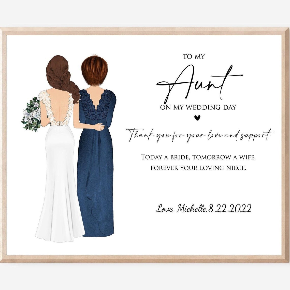 Wedding Gift For Aunt Of The Bride Gift On Wedding Day Custom Wedding Illustration Gift For Aunt From Bride Personalized Keepsake Wall Art