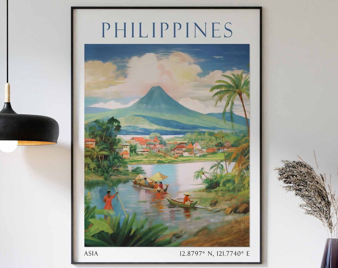 Philippines Volcano Lake with Fishermen Boats Tropical Travel Poster