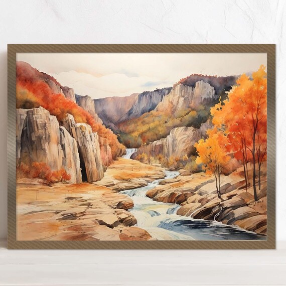 Turner Falls Watercolor Print Oklahoma Travel Poster Art Autumn Stream Fall Artwork Trees Rocks Waterfall Landscape