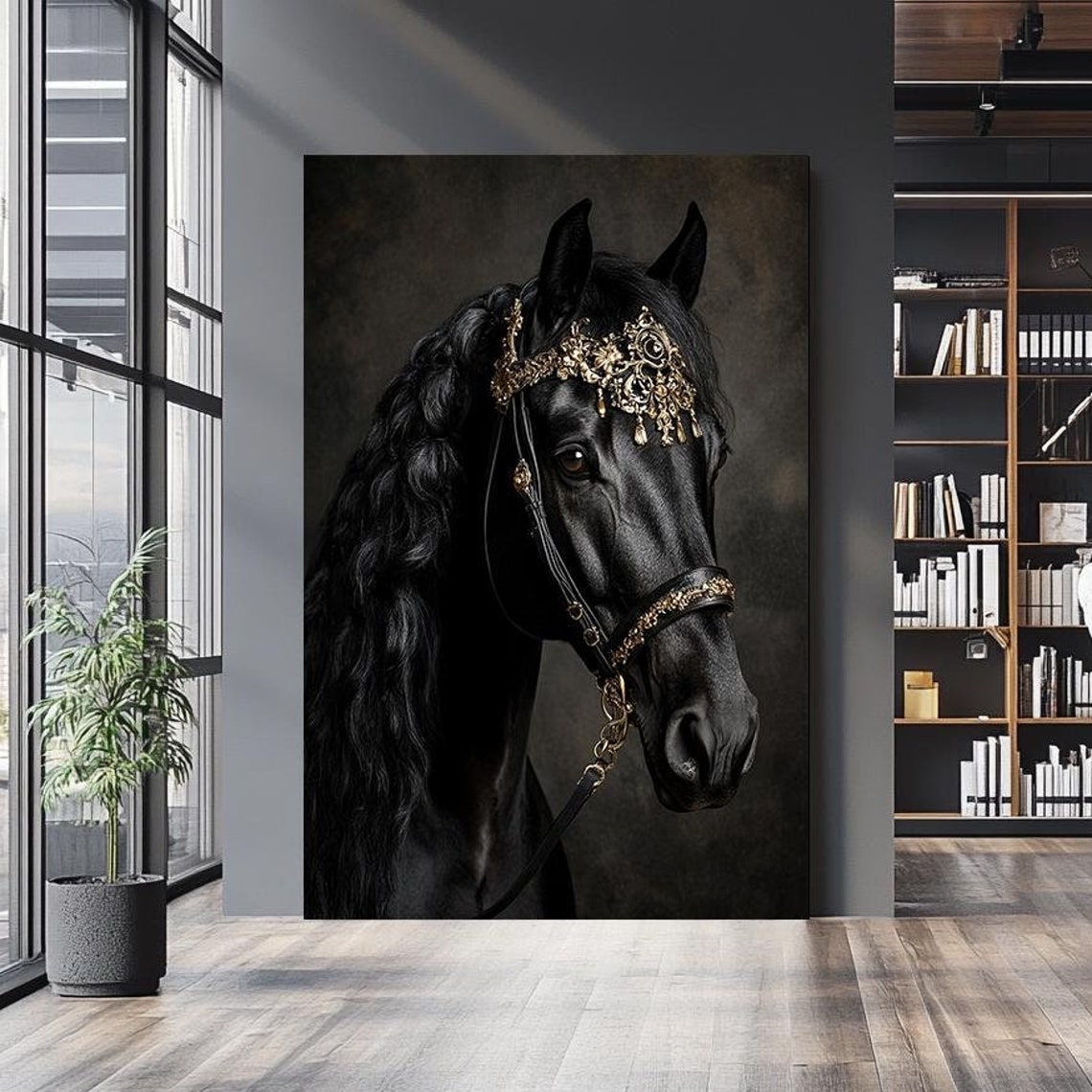 Regal Black Horse Wearing Gold Crown Bridle Luxury Equine Portrait Art