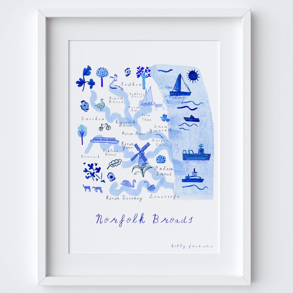 Norfolk Broads Illustrated Travel Map Blue Watercolor Art Poster