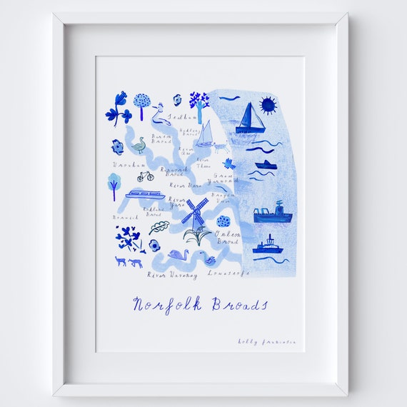 Norfolk Broads Map Blue Landmarks Travel Art Print National Park Poster Wall Decor Ink Illustrations