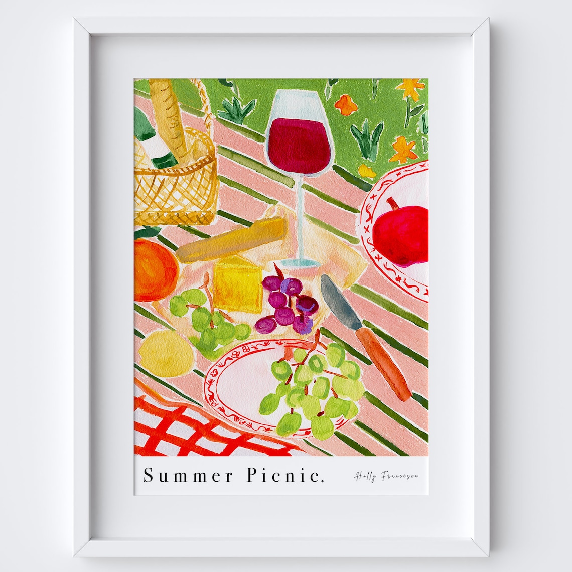 Wine Cheese Summer Picnic Art Print, Kitchen Food