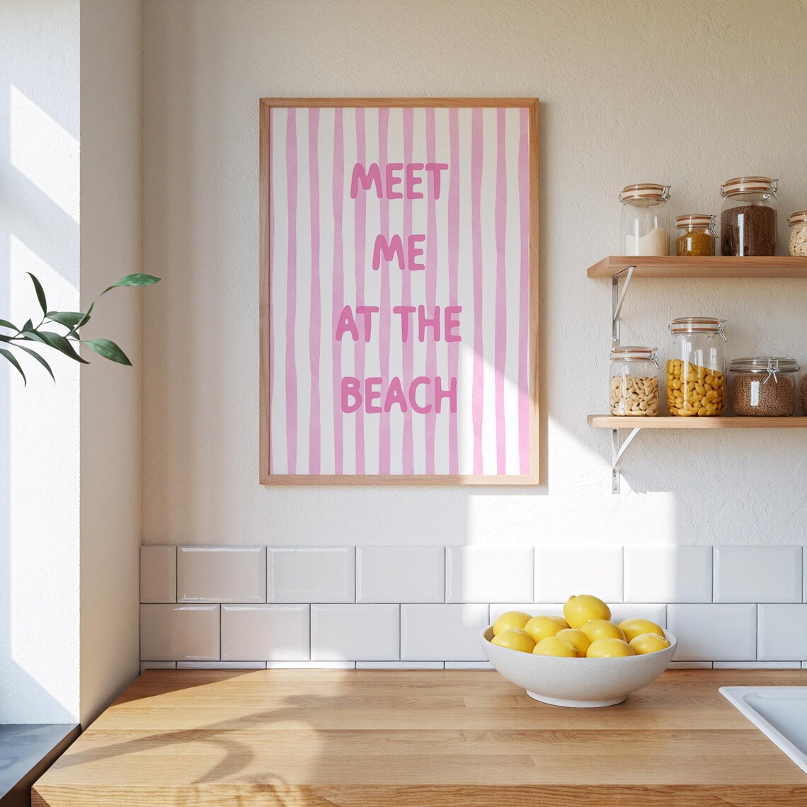 Meet Me at the Beach Pink Quote Coastal Watercolor Striped Wall Poster