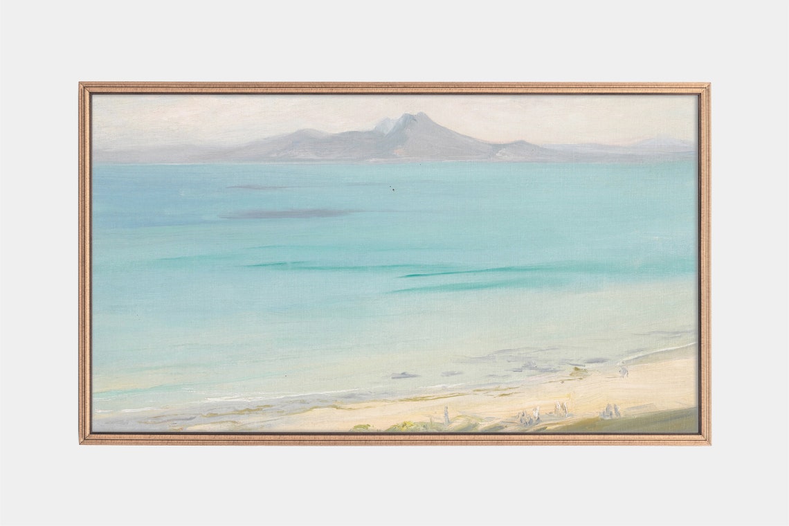 Turquoise Seascape with Distant Mountains Minimalist Beach Poster