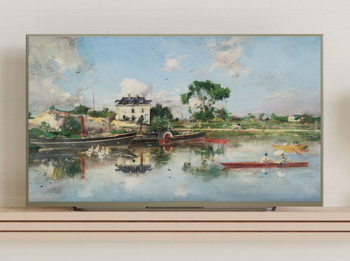 Riverside Barges Moored By White House Rowboats Vintage River Poster - Image 3