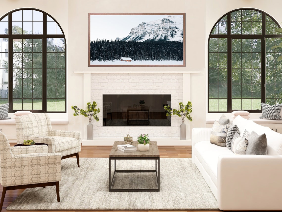 Snowy Alpine Peak Evergreen Forest With Red Cabin Winter Lodge Poster - Image 3