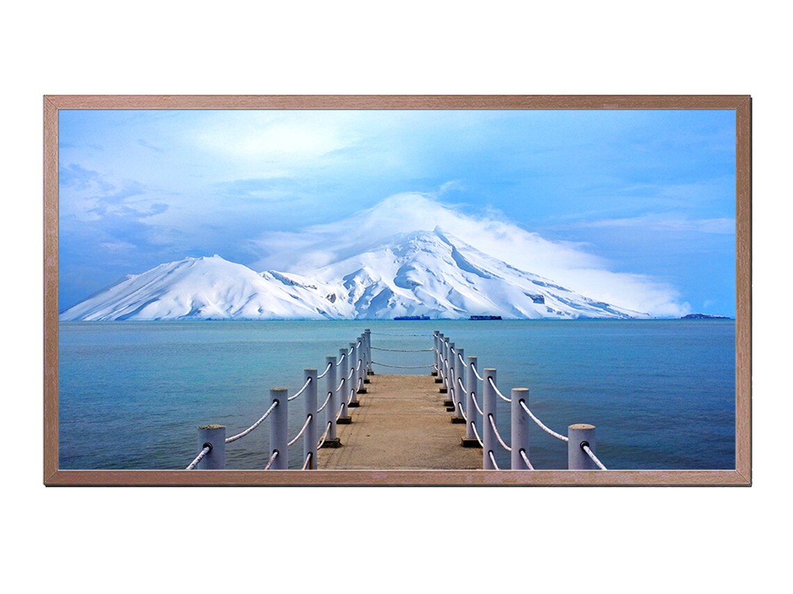 Wooden Pier To Snow Capped Volcanic Island Blue Sea Landscape Poster
