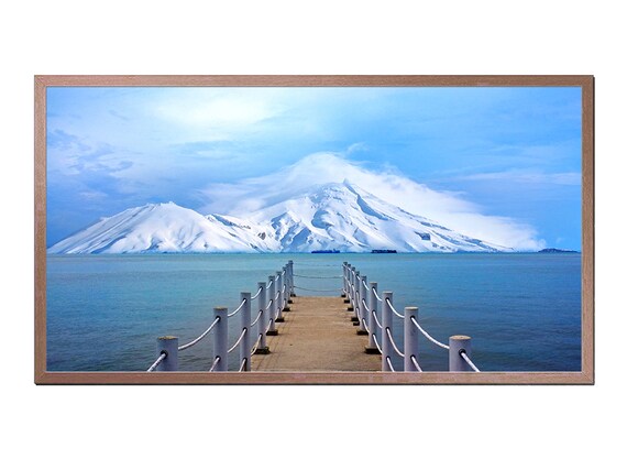 Wooden Pier To Snow Capped Volcanic Island Blue Sea Landscape Poster