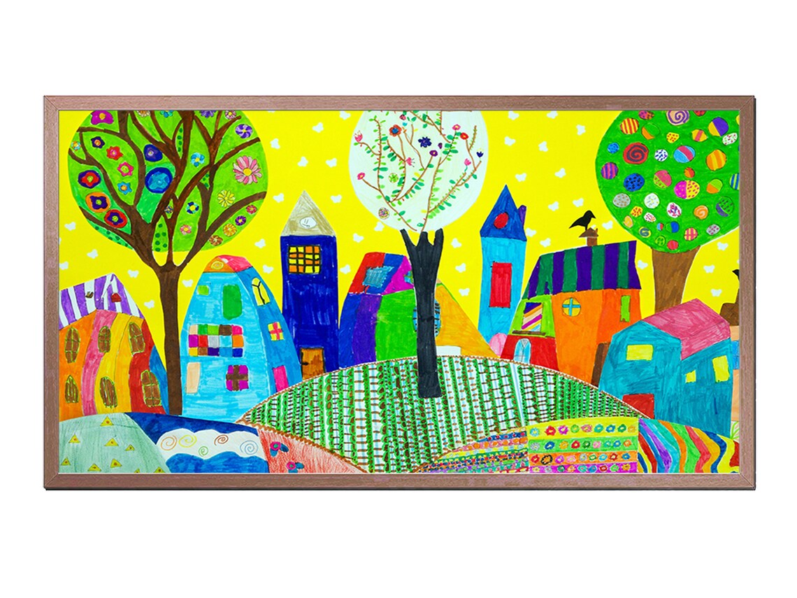 Colorful Naive Village Houses with Flower Trees Whimsical Art Poster