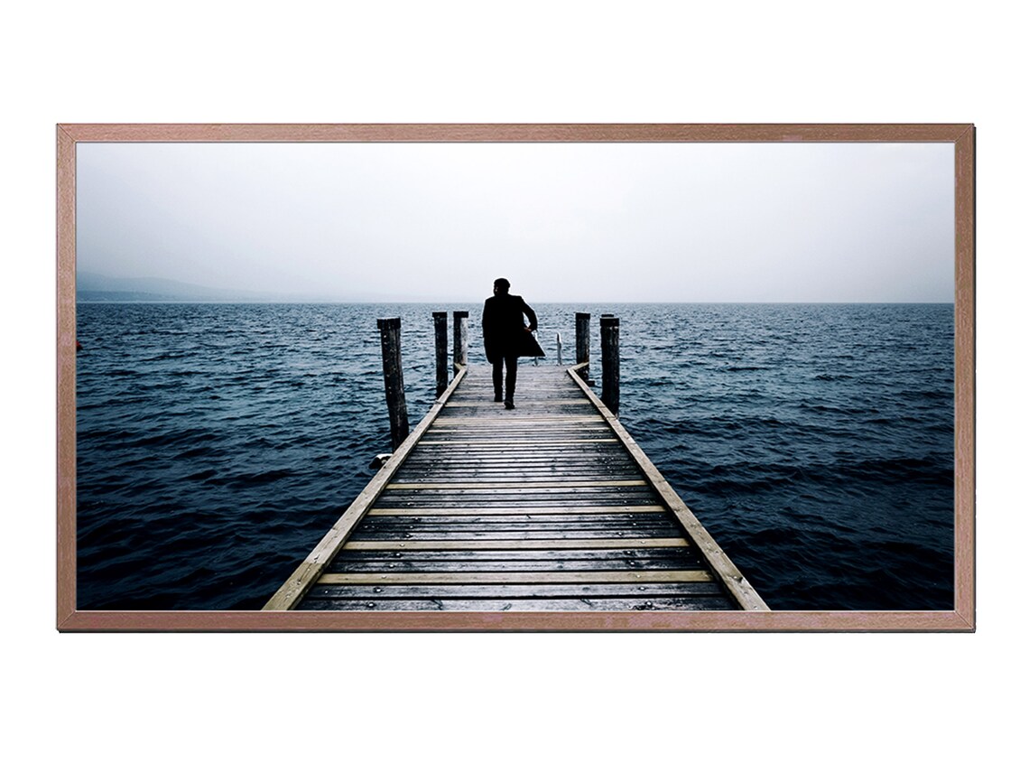 Solitary Figure Walking Wooden Pier Into Misty Dark Sea Moody Poster