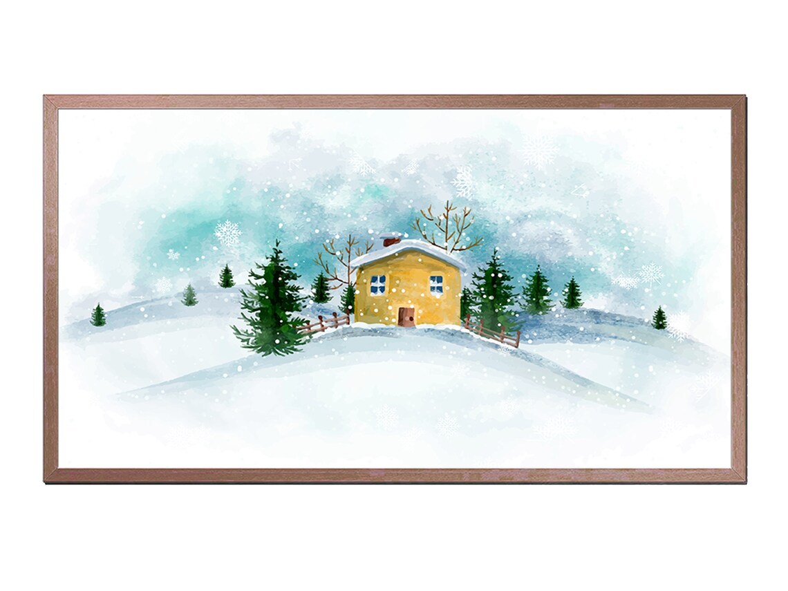 Cozy Winter Cabin Snowy Pines Watercolor Holiday Seasonal Art Poster
