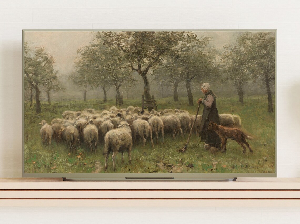 Shepherdess With A Flock Of Sheep, Vintage Landscape Art Print - Image 3
