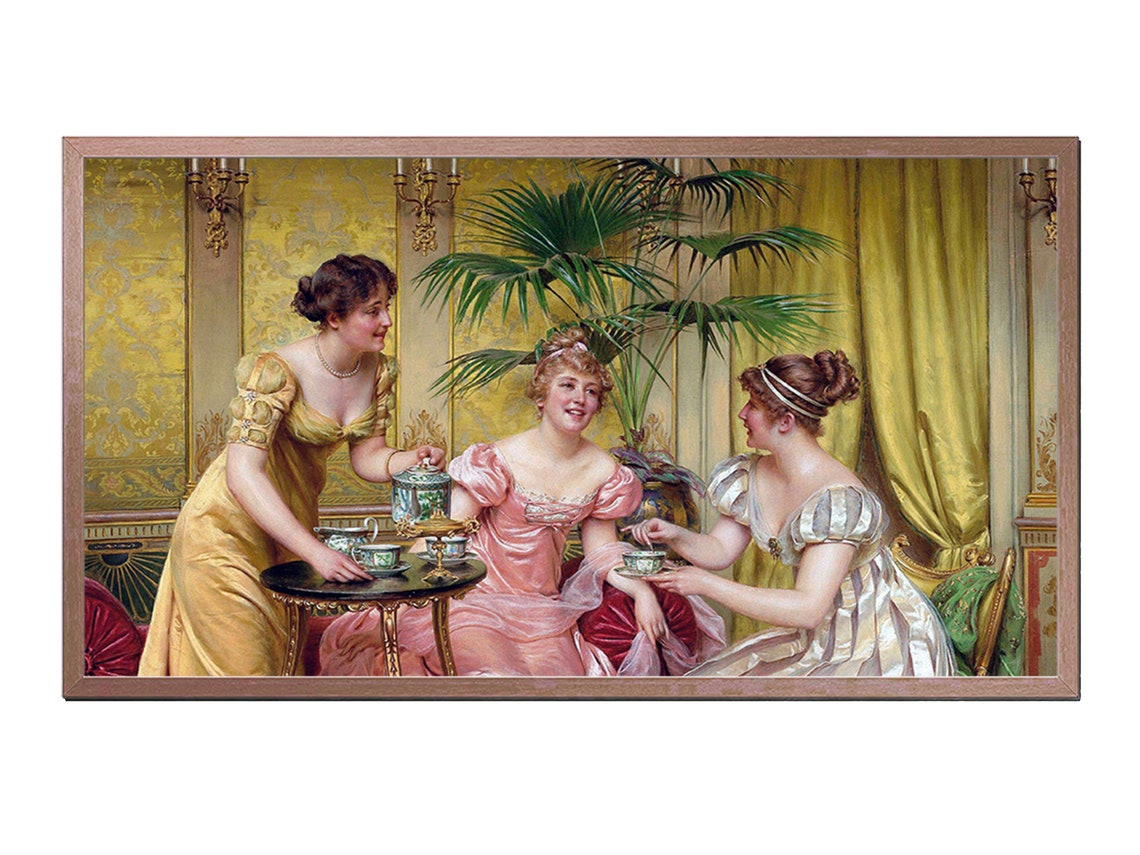 Victorian Women Taking Afternoon Tea in Opulent Salon Art Poster