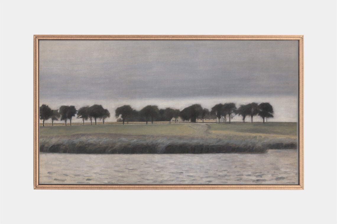 Dark Tree Line by Calm Water Muted Vintage Landscape Art Poster