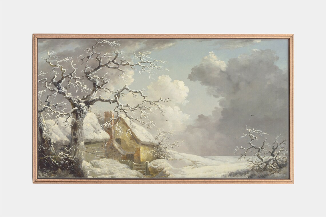 Snow Covered Cottage Frosted Trees Winter Vintage Painting Poster