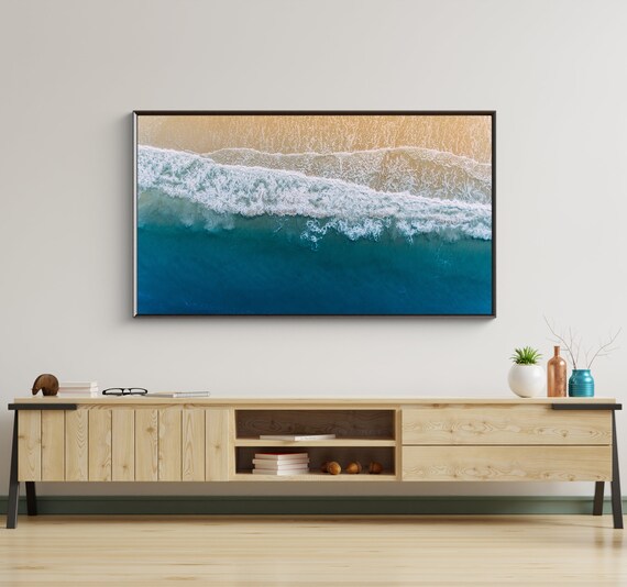 Aerial View Ocean Waves Breaking On Golden Sand Beach Turquoise Poster