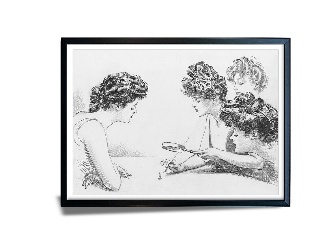 Four Women With Magnifying Glass Vintage Gibson Style Ink Sketch Art Poster - Image 2