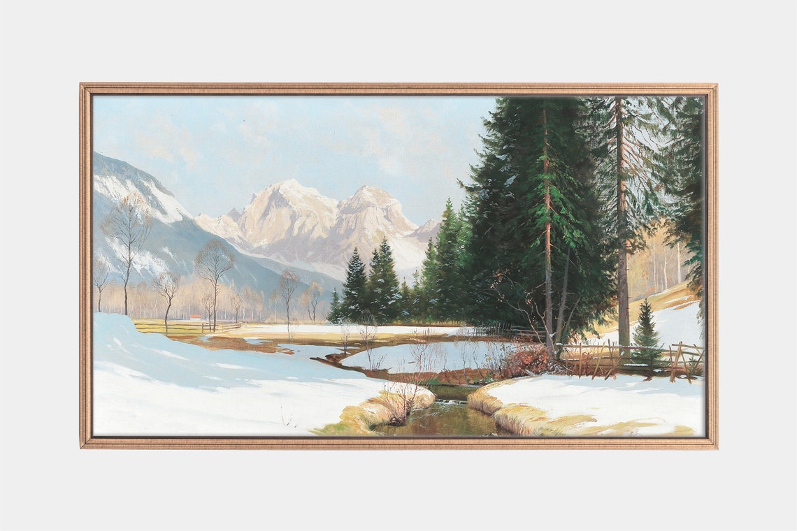 Snow Capped Alpine Mountains With Pines Winter Landscape Art Poster