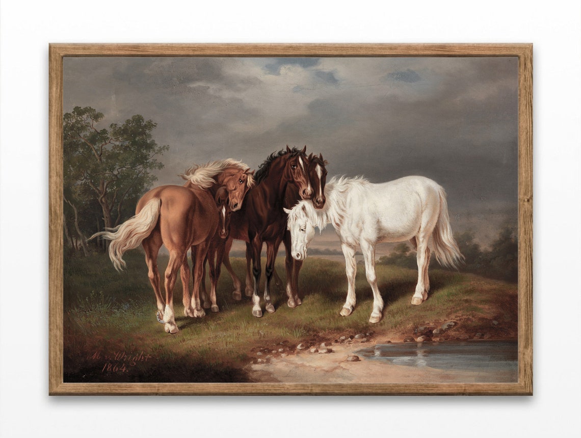 Three Horses Nuzzling By Stream Antique 1864 Equestrian Art Poster