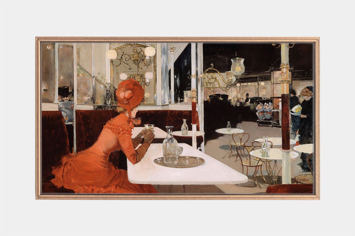 1880s Paris Cafe Vintage Painting Elegant Woman Orange Dress Art Print