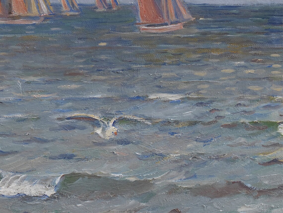Vintage Sailboat Seascape Painting Cloudy Sky Nautical Ocean Poster - Image 2