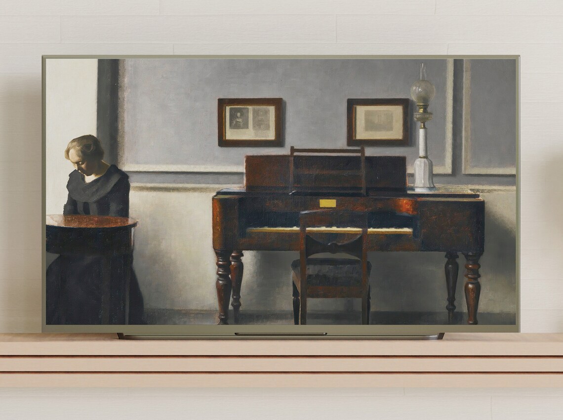 Woman Beside Piano in Muted Gray Vintage Interior Painting Poster - Image 3
