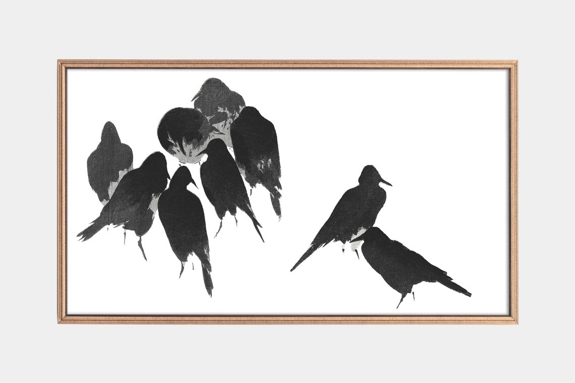 Japanese Ink Crows Perched in Snow Vintage Black Bird Art Poster