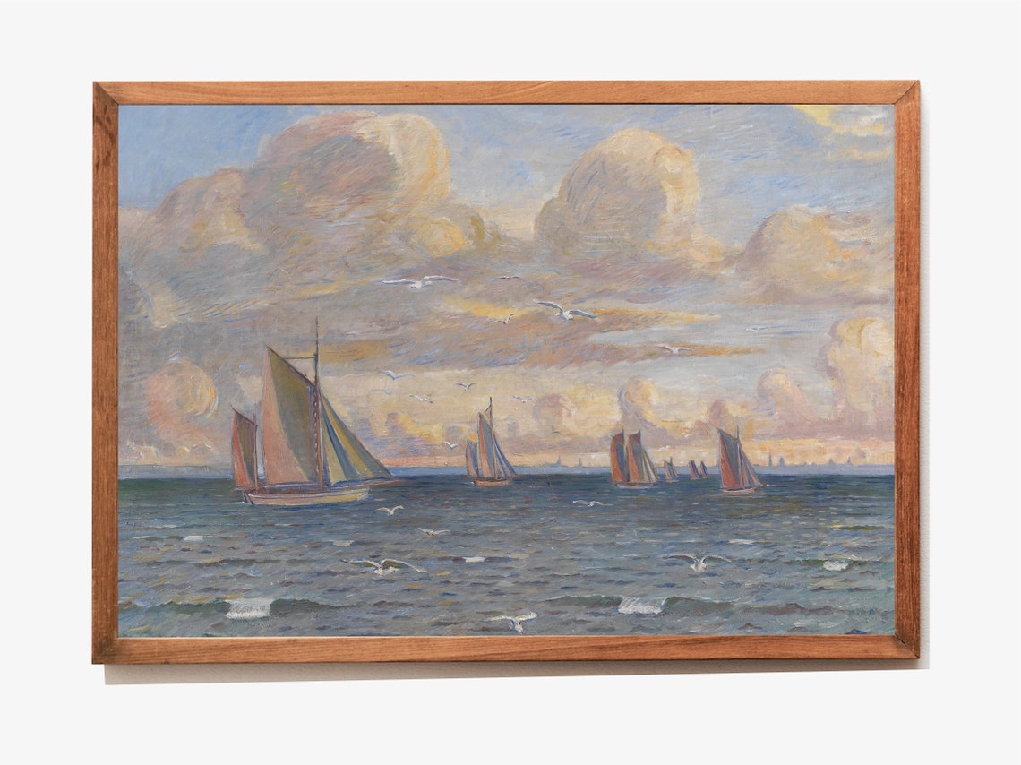 Vintage Sailboat Seascape Painting Cloudy Sky Nautical Ocean Poster - Image 3